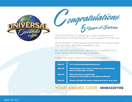 Universal Orlando Rewards Certificate Example